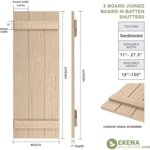 Rustic Three Board Joined Board-n-Batten Sandblasted Faux Wood Shutters, 16 1/2W X 24H
